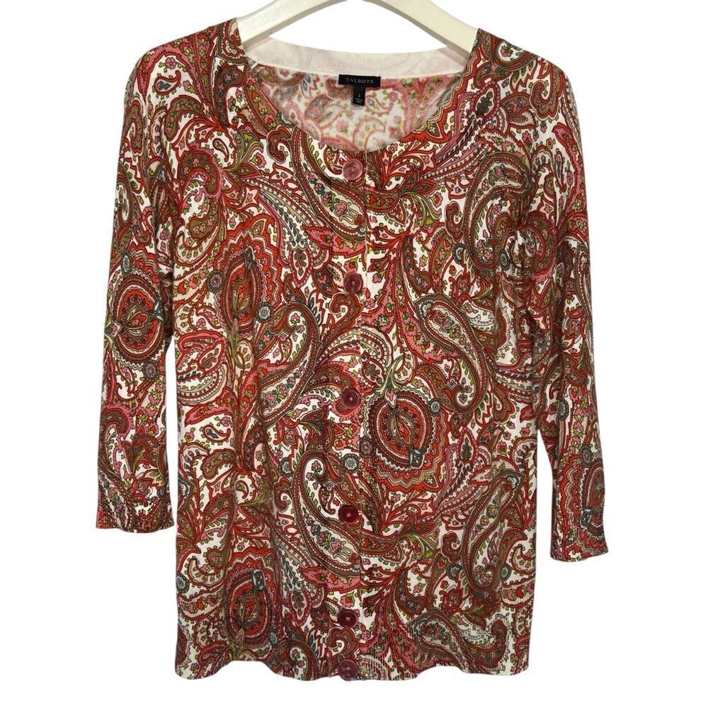 Talbots Paisley Cardigan Sweater size Small 3/4 Sleeve Cotton Blend Button Up